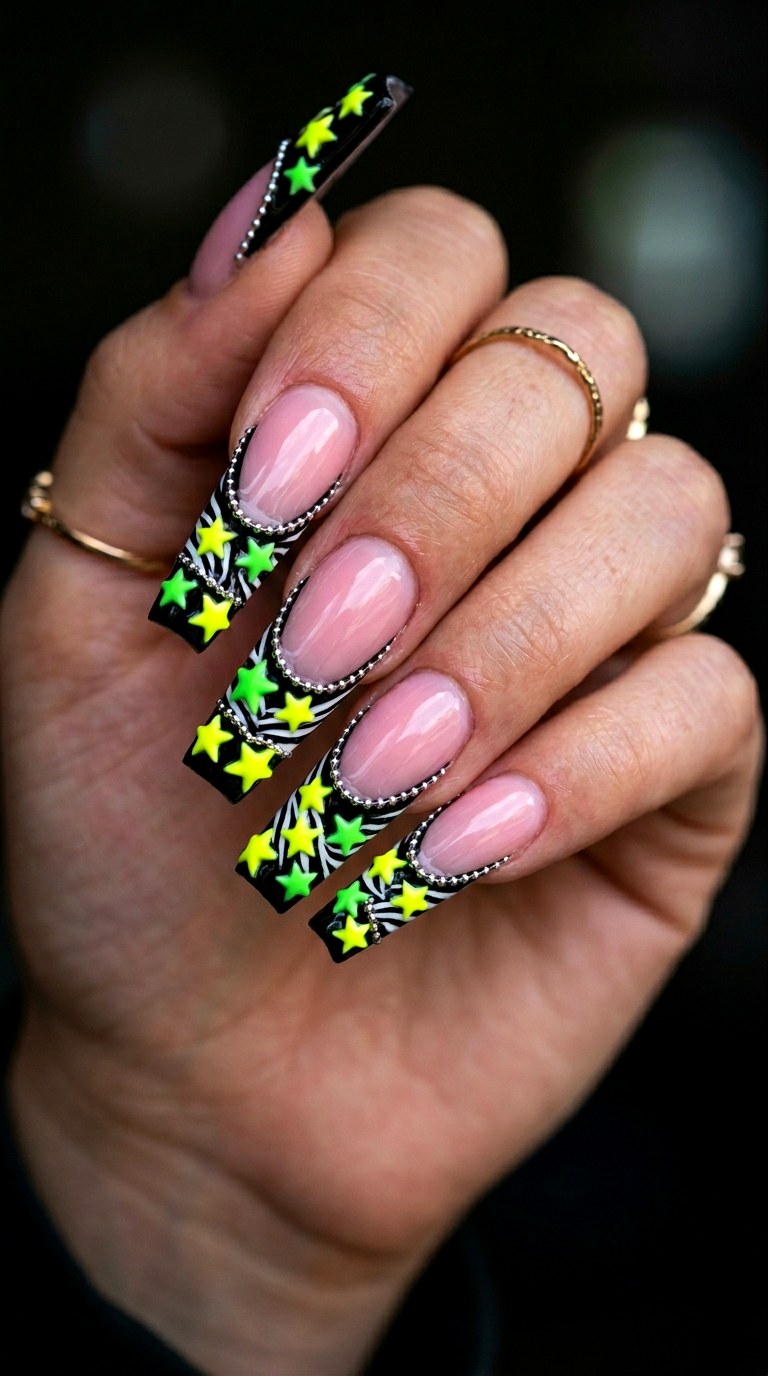 Neon Stars and Black French Overload - 29 Maximalist Spring Colorful Junk Nails
