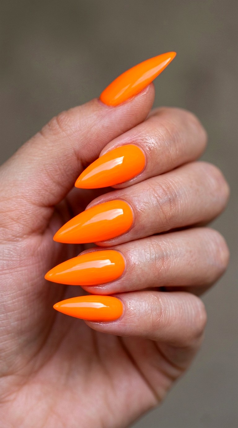 Neon Tangerine Simplicity - 28 Sharp Spring Stiletto Nails