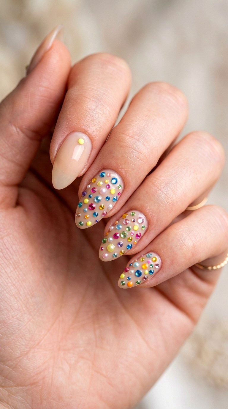 Neutral Base with Colorful Studs - 29 Subtle Spring Multicolor Nails