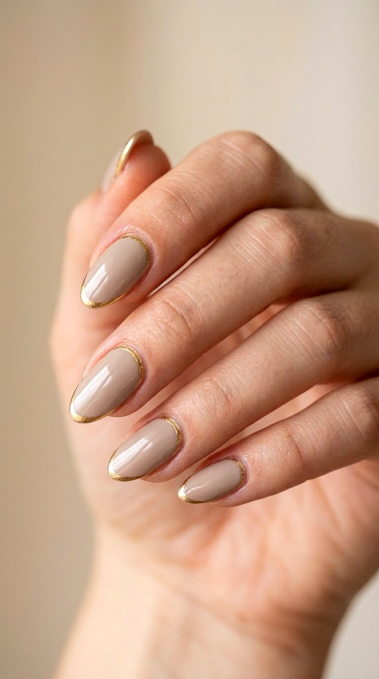 Neutral Taupe and Thin Gold Edges - 24 Classy Spring Two Colored Nails