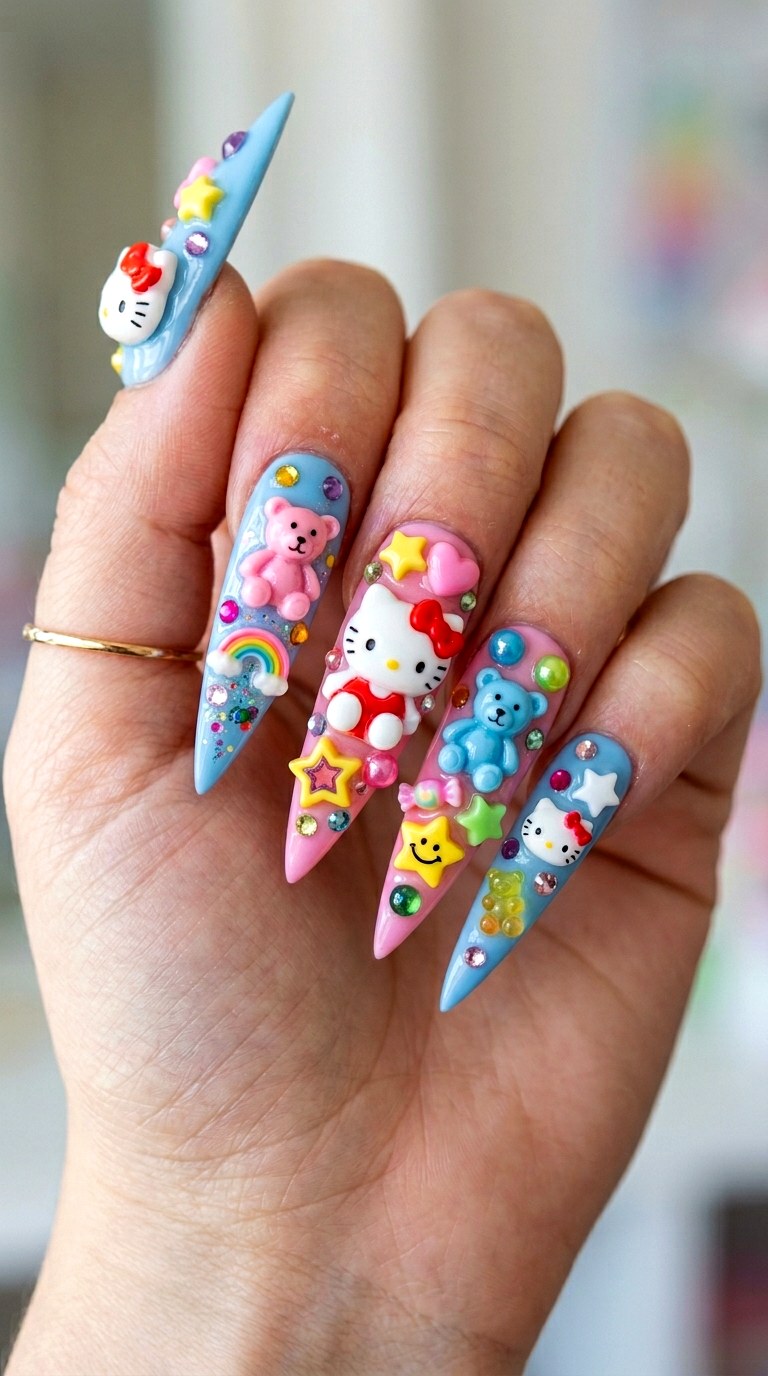 Nostalgic Cartoon Charm Overload - 23 Whimsical Spring Colorful Junk Nails