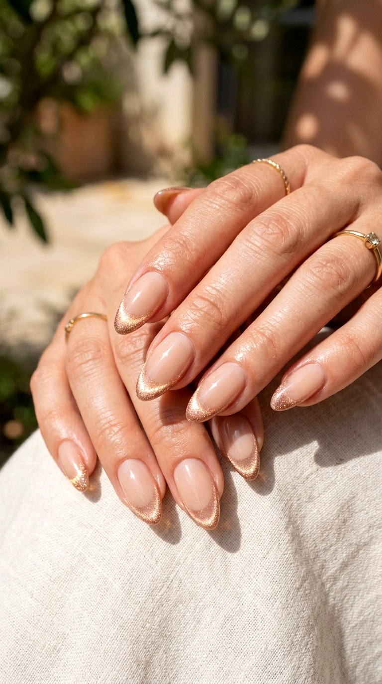 Nude Almond Nails with Cat Eye Glow Tips - 24 Summer Nude Base Cat Eye Nails Ideas