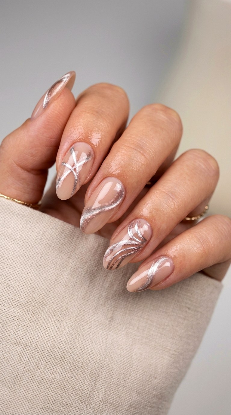 Nude Base with Abstract Cat Eye Patterns - 24 Summer Nude Base Cat Eye Nails Ideas