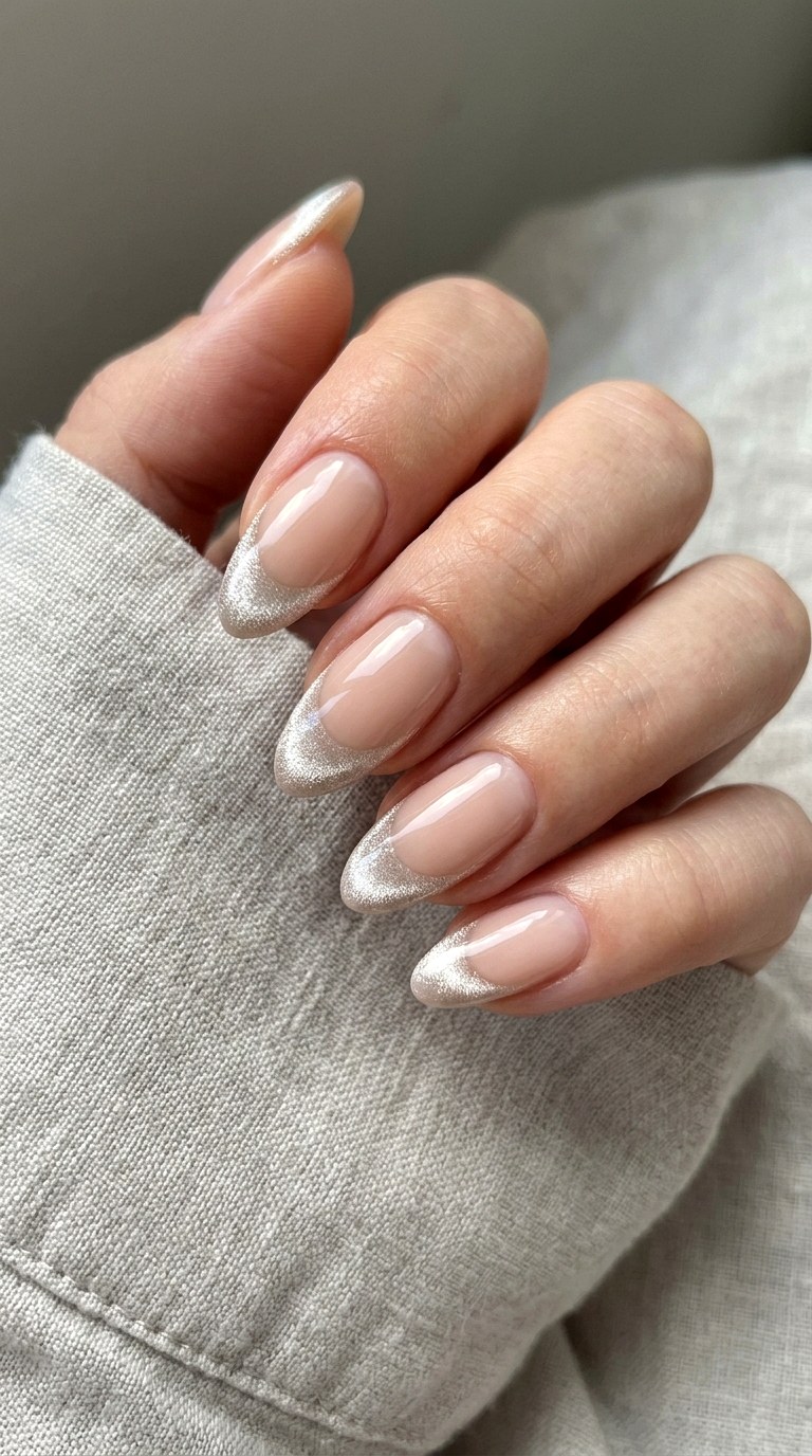 Nude Base with Cat Eye French Tips - 24 Summer Nude Base Cat Eye Nails Ideas