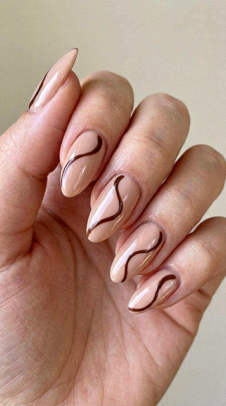 Nude Base with Chocolate Swirls - 22 Minimalist Spring Two Colored Nails