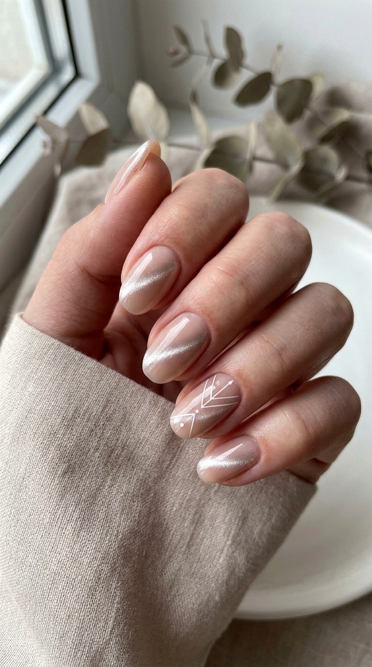 Nude Base with Diagonal Cat Eye Effect - 20 Spring Nude Base Cat Eye Nails Ideas