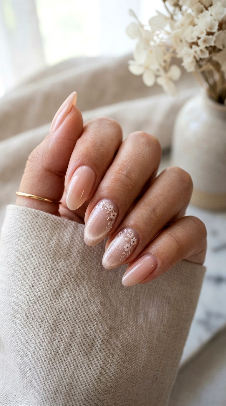 Nude Base with Floral Cat Eye Accents - 20 Spring Floral Cat Eye Nails Ideas