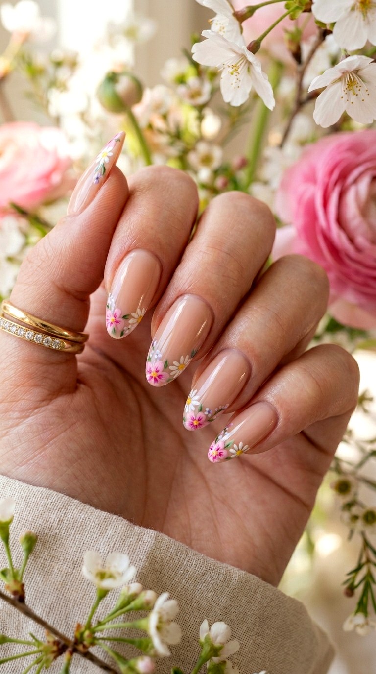Nude Base with Floral Tips - 23 Trendy Spring Nail Art Ideas You Need to Try This Year