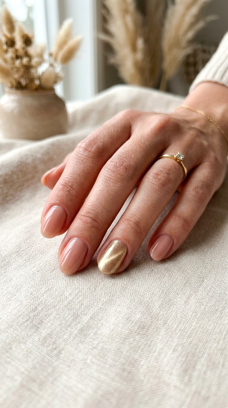 Nude Base with Gold Cat Eye Accent Nail - 20 Summer Soft Gold Cat Eye Nails Ideas
