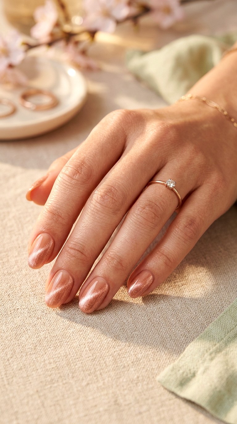Nude Base with Rose Gold Cat Eye - 20 Spring Nude Base Cat Eye Nails Ideas