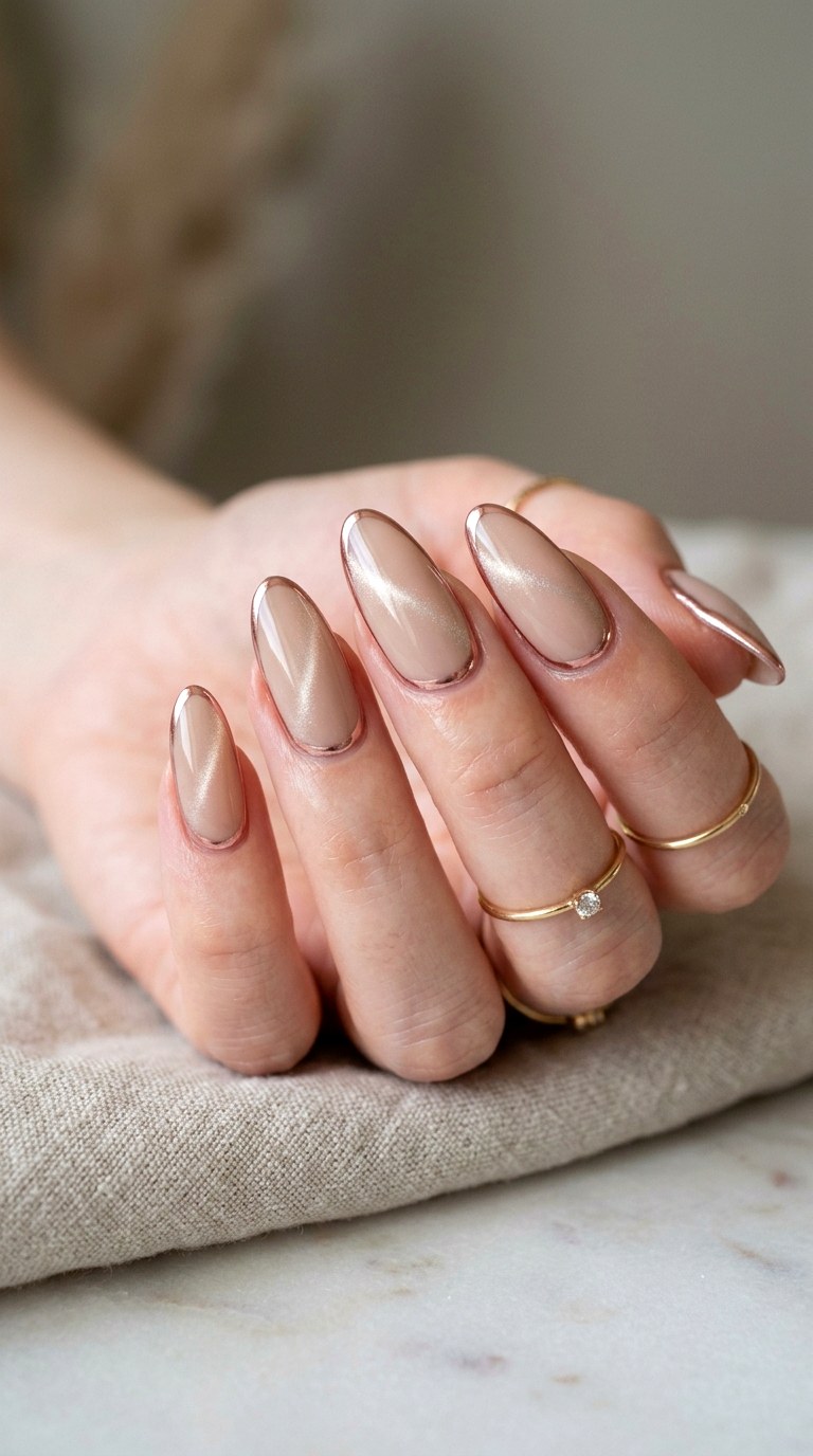 Nude Base with Rose Gold Chrome Outline - 22 Summer Chrome Outline Cat Eye Nails Ideas