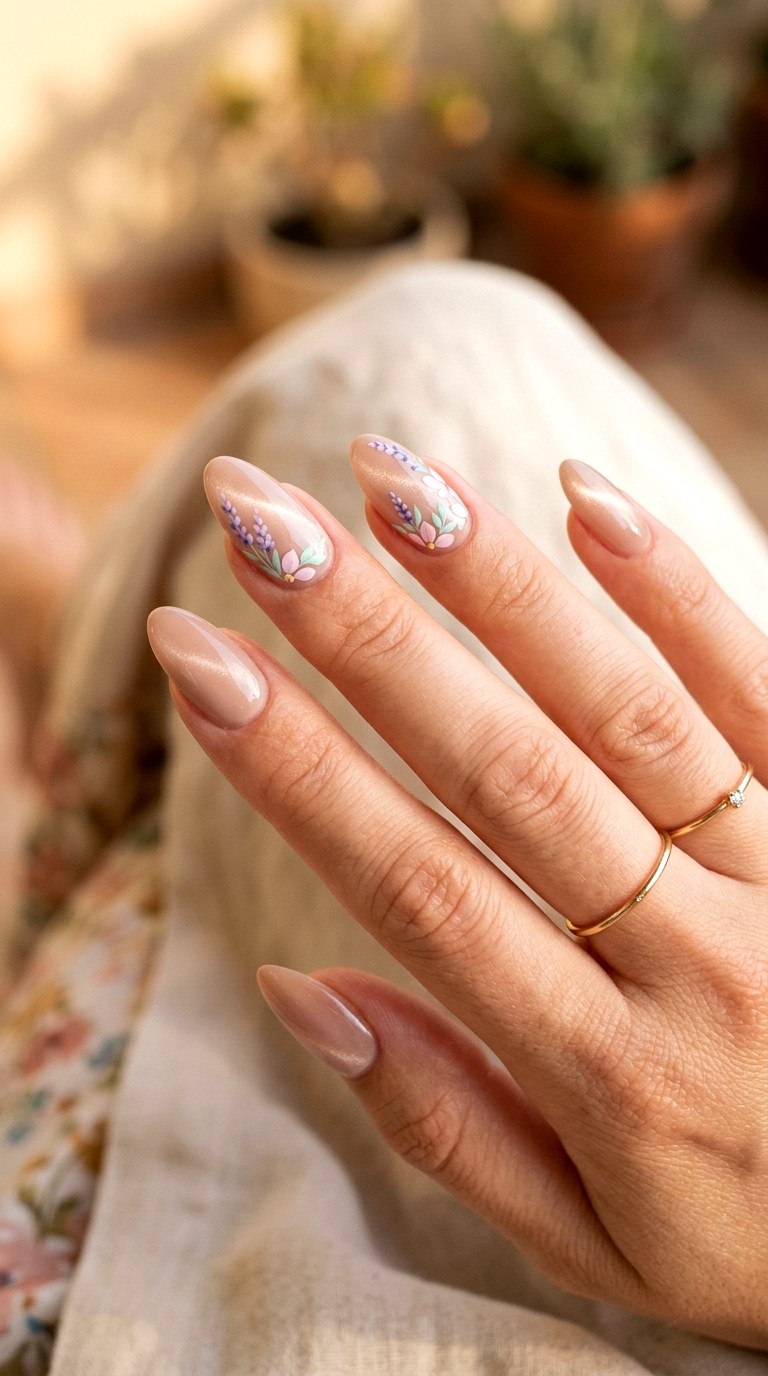 Nude Beige Cat Eye with Pastel Floral Mix - 22 Summer Glossy Floral Cat Eye Nails Ideas