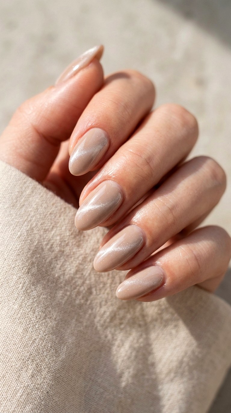 Nude Beige with Silver Cat Eye Sheen - 24 Summer Nude Base Cat Eye Nails Ideas