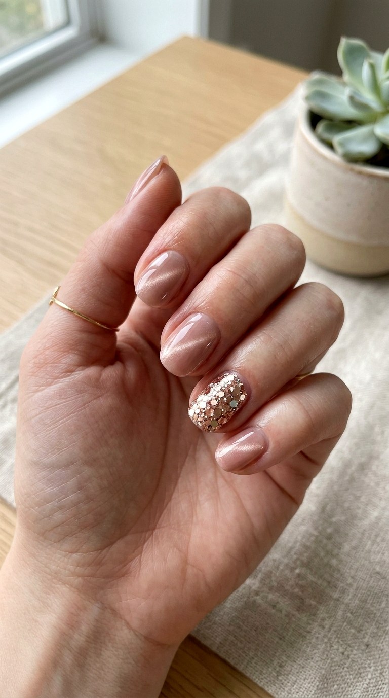 Nude Blush Base with Chunky Glitter Accent - 21 Summer Blush Cat Eye Nails with Glitter Ideas