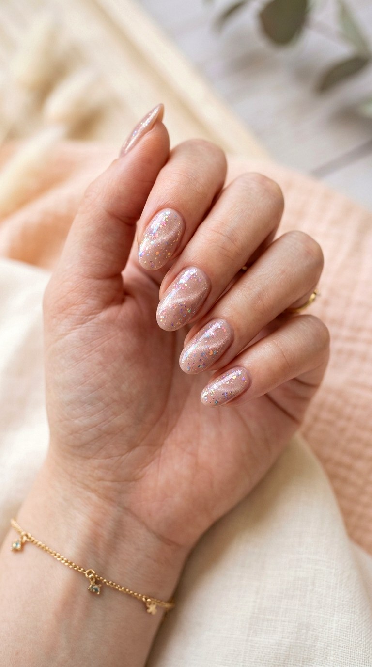 Nude Blush Base with Holographic Glitter - 20 Spring Blush Cat Eye Nails with Glitter Ideas