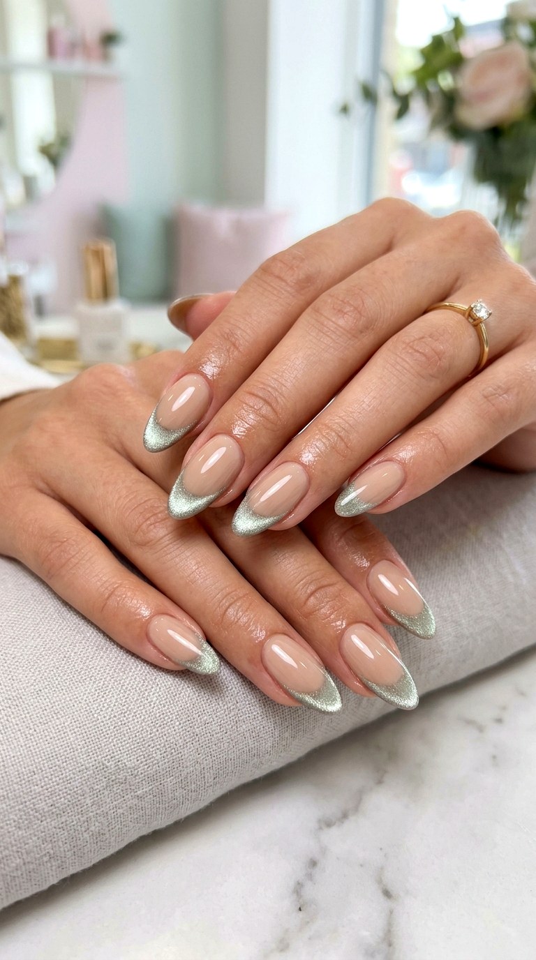 Nude Cat Eye French Tips - 20 Spring Nude Base Cat Eye Nails Ideas
