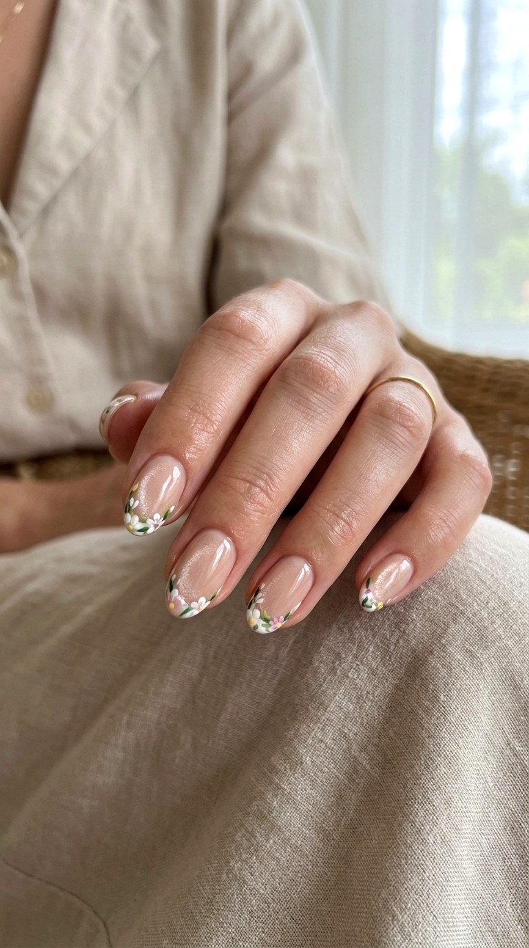 Nude Cat Eye Nails with Delicate Floral Tips - 22 Summer Glossy Floral Cat Eye Nails Ideas