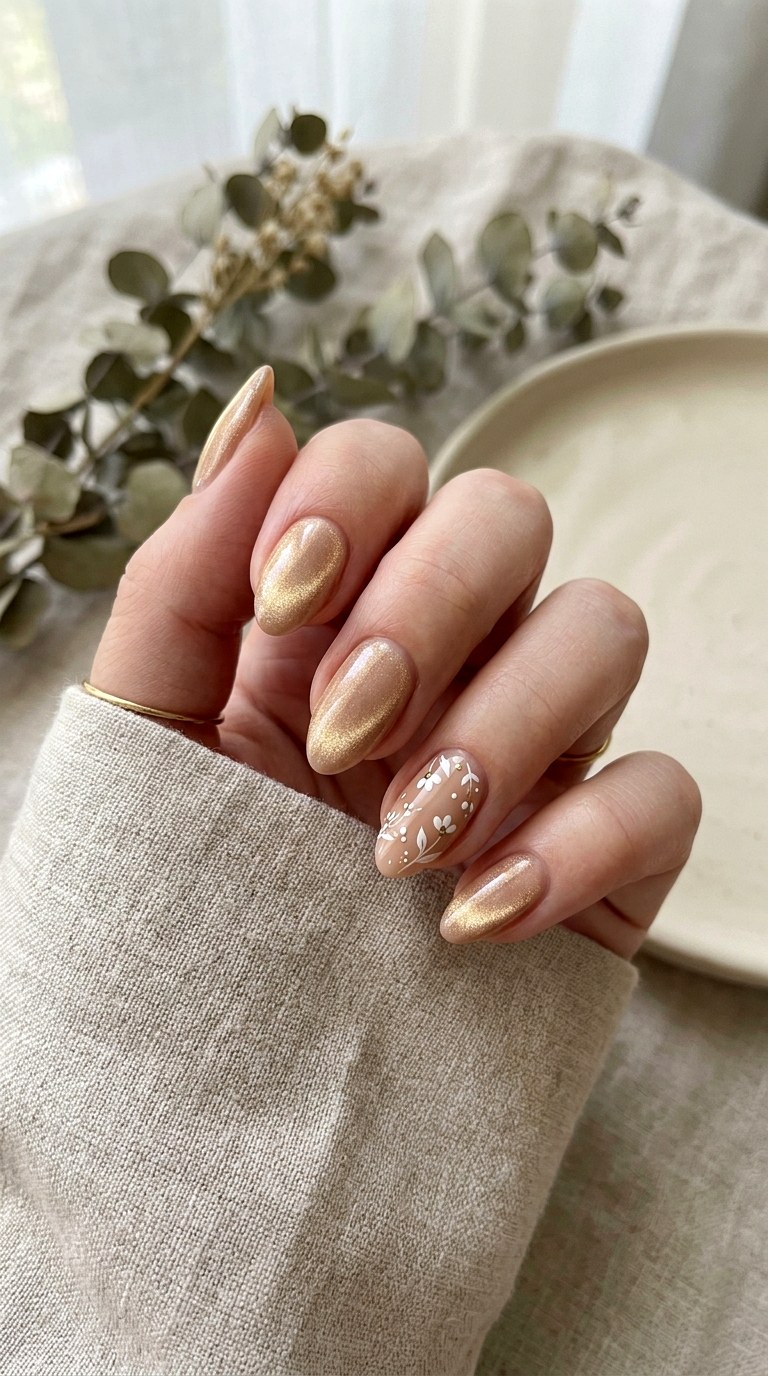 Nude Cat Eye Nails with Minimal Florals - 25 Summer Floral Cat Eye Nails Ideas