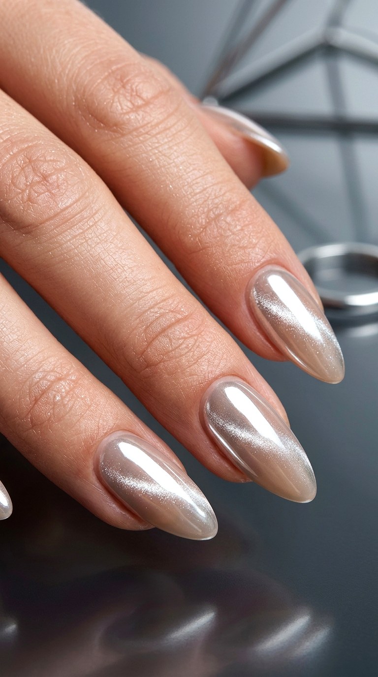 Nude Cat Eye with Chrome Overlay - 20 Spring Nude Base Cat Eye Nails Ideas