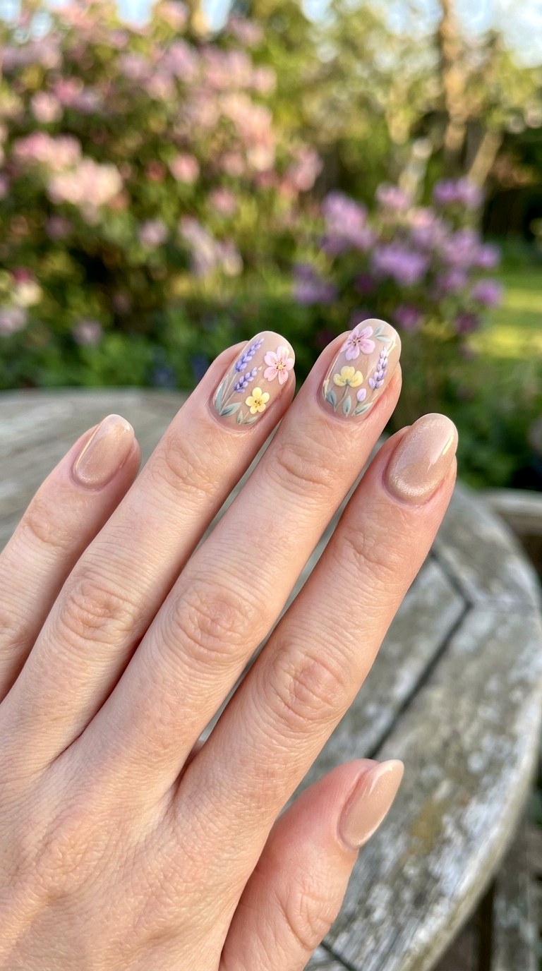 Nude Cat Eye with Floral Accents - 20 Spring Nude Base Cat Eye Nails Ideas