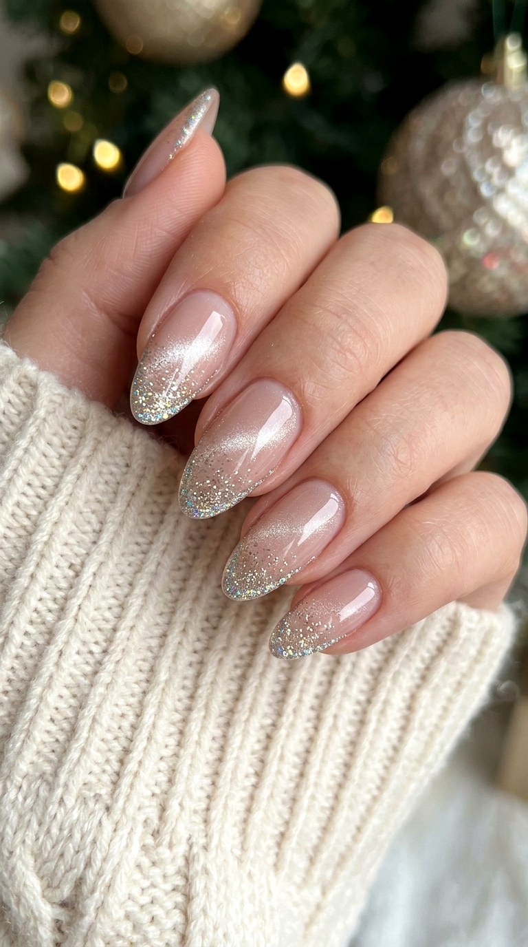 Nude Cat Eye with Glitter Tips - 20 Spring Nude Base Cat Eye Nails Ideas