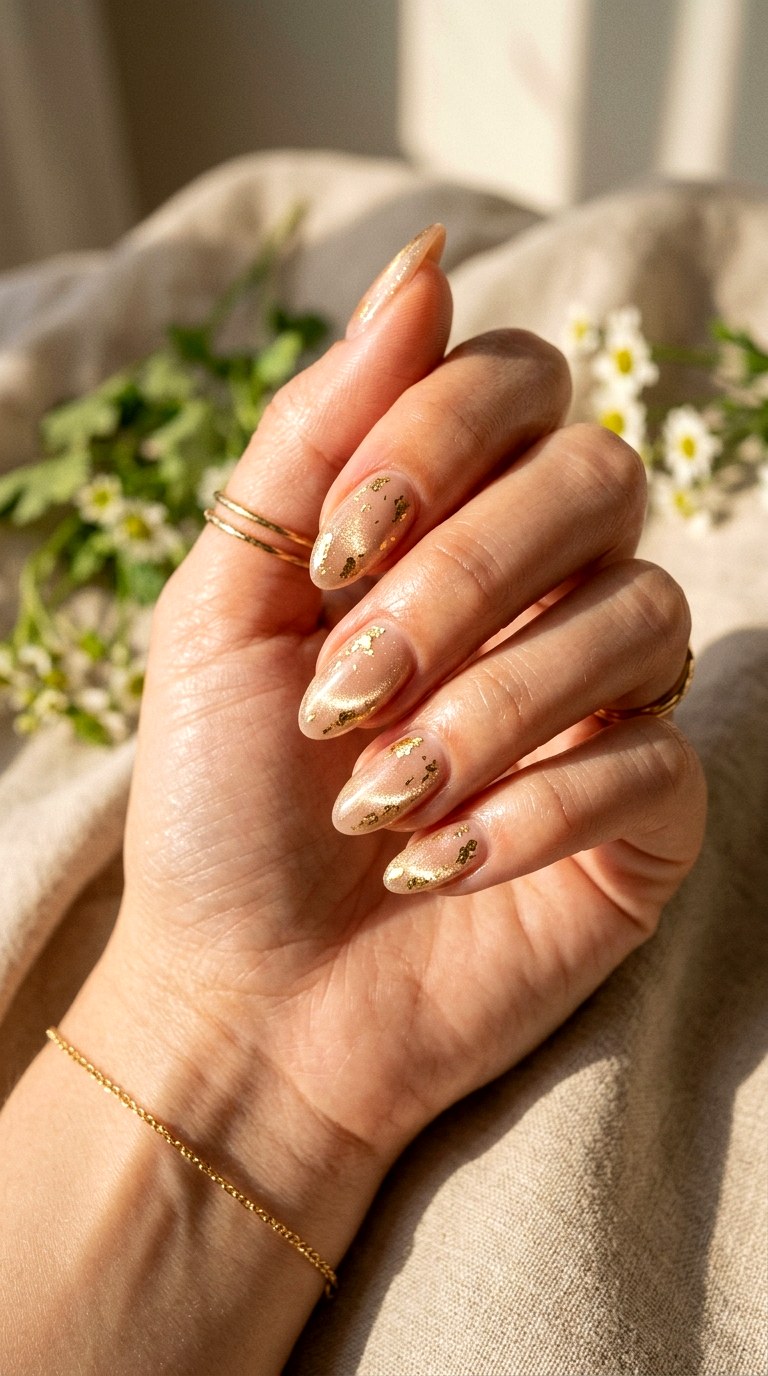Nude Cat Eye with Gold Accents - 20 Spring Nude Base Cat Eye Nails Ideas