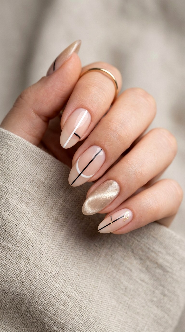 Nude Cat Eye with Negative Space - 20 Spring Nude Base Cat Eye Nails Ideas