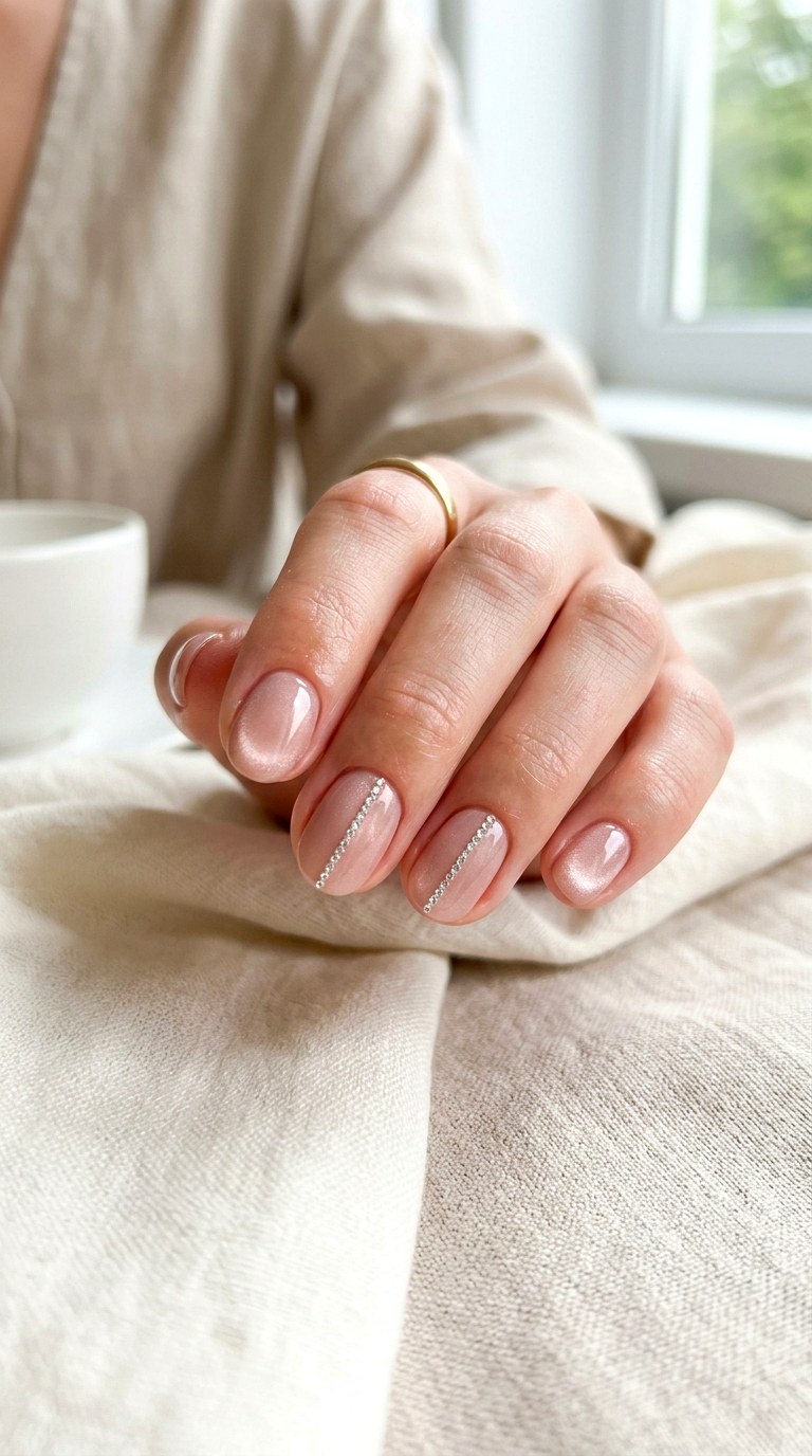 Nude Cat Eye with Subtle Crystal Lines - 21 Summer Crystal Accent Cat Eye Nails Ideas