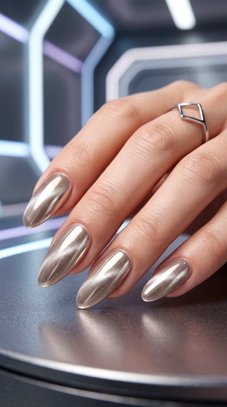Nude Chrome Base with Cat Eye Overlay - 24 Summer Nude Base Cat Eye Nails Ideas
