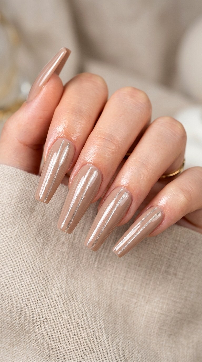 Nude Coffin Nails with Double Cat Eye Lines - 24 Summer Nude Base Cat Eye Nails Ideas