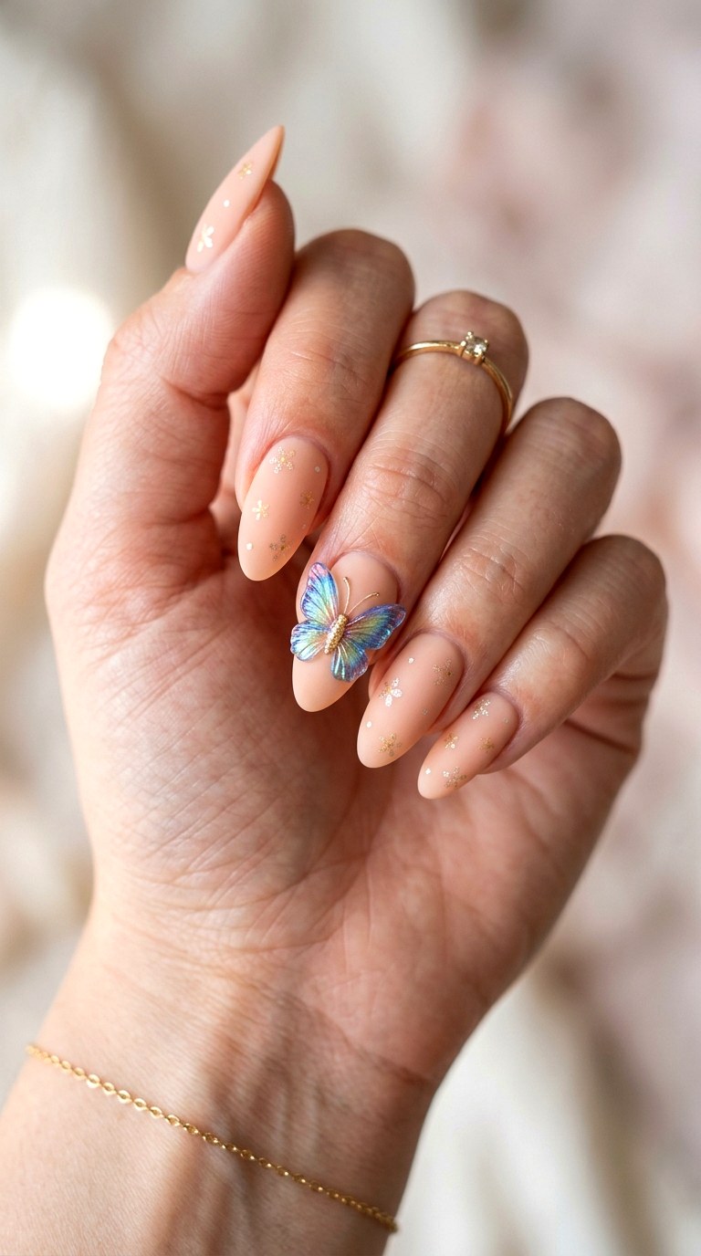 Nude Illusion with D Butterflies - 26 Floral Spring Acrylic Nails