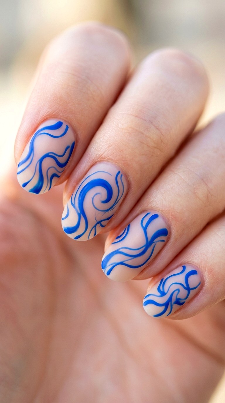 Nude Matte with Abstract Blue Swirls - 21 Matte Spring Multicolor Nails