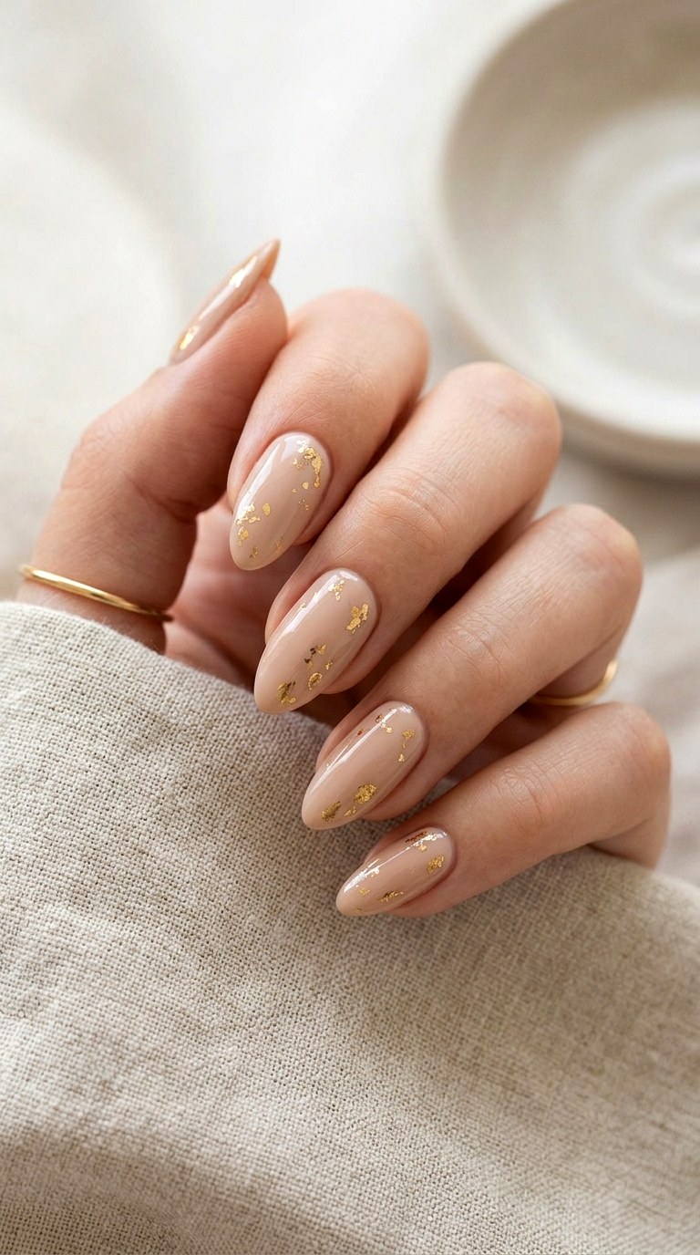 Nude Nails with Gold Foil - 25 Fresh Spring Nail Colors & Designs You’ll See Everywhere in 2026