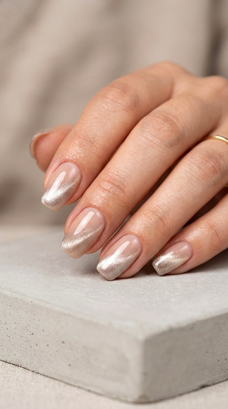 Nude Nails with Side Swept Cat Eye Accent - 24 Summer Nude Base Cat Eye Nails Ideas