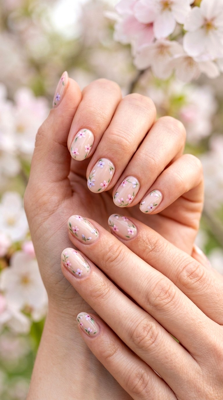 Nude Nails with Tiny Flowers - 22 Cute Spring Nail Ideas for a Fresh Seasonal Manicure