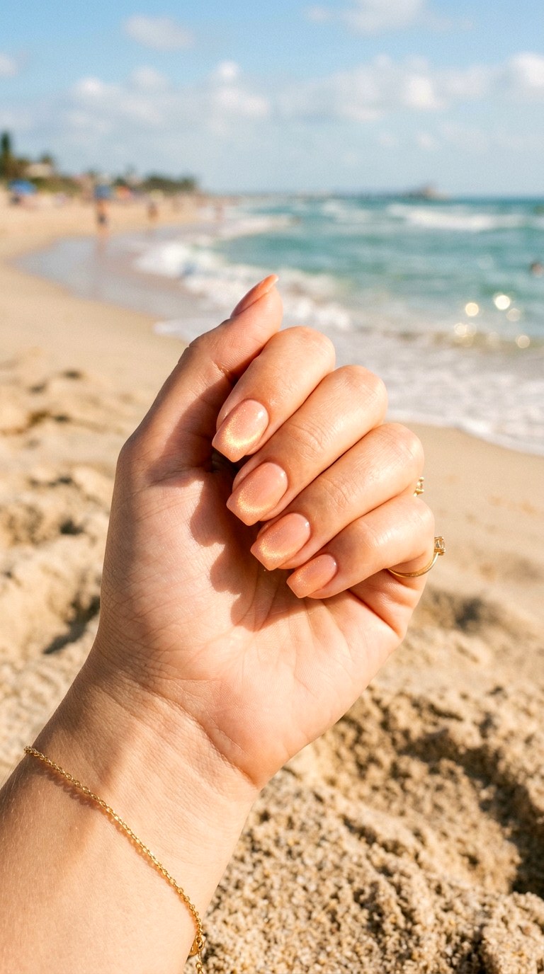 Nude Peach Base with Warm Cat Eye Glow - 24 Summer Nude Base Cat Eye Nails Ideas