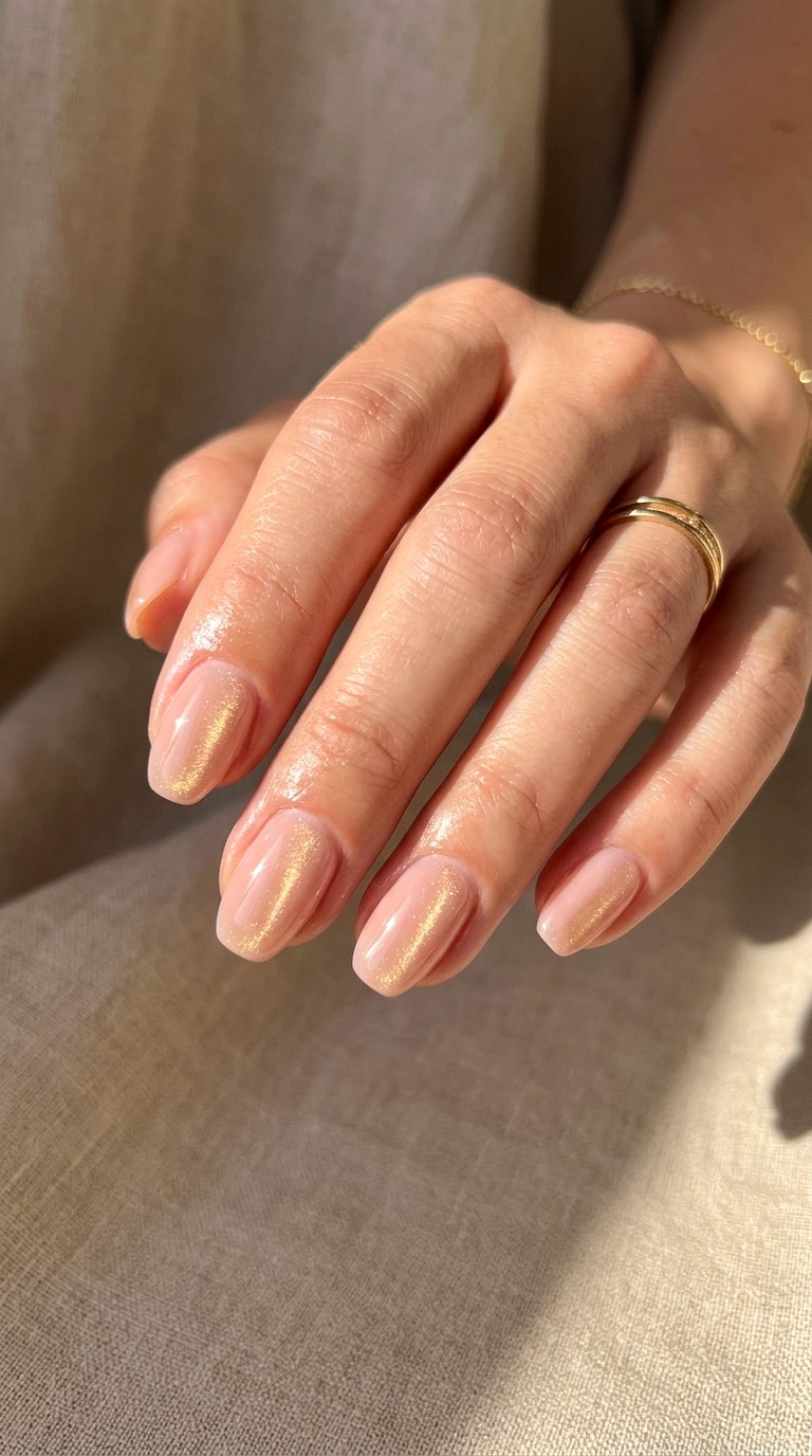 Nude Pink Base with Soft Gold Cat Eye - 24 Summer Nude Base Cat Eye Nails Ideas