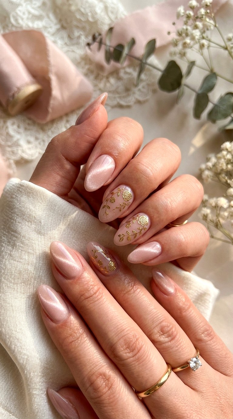 Nude Pink Cat Eye with Gold Floral Accents - 25 Summer Floral Cat Eye Nails Ideas