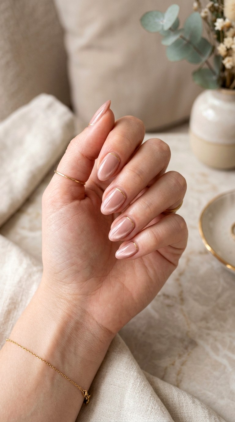Nude Pink Cat Eye with Gold Micro Line - 22 Summer Pink Cat Eye Nails with Shimmer Line Ideas
