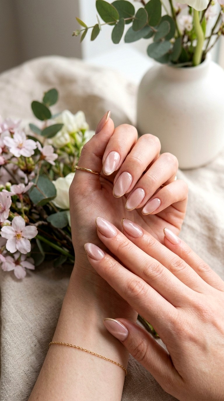 Nude Pink Cat Eye with Gold Shimmer Line - 20 Spring Pink Cat Eye Nails with Shimmer Line Ideas