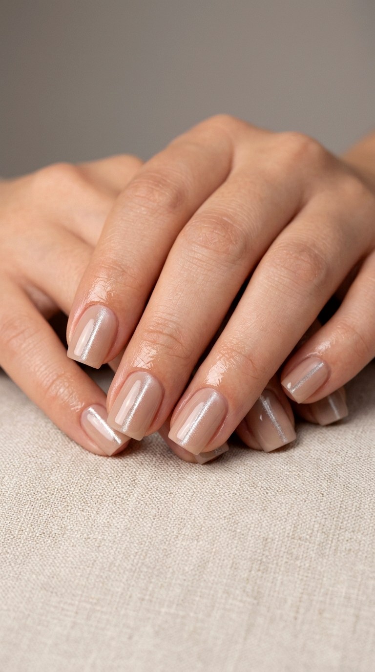 Nude Square Nails with Central Cat Eye Beam - 24 Summer Nude Base Cat Eye Nails Ideas
