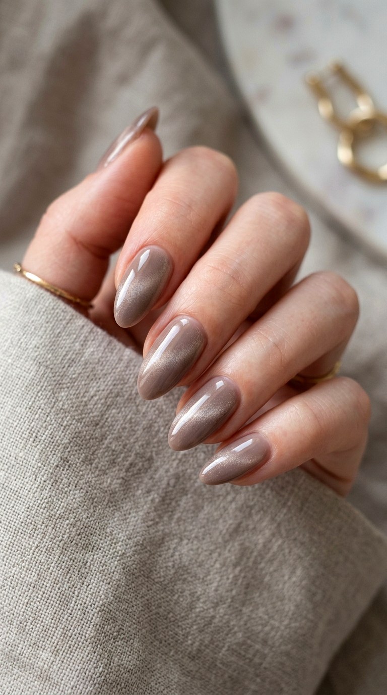Nude Taupe Nails with Smoky Cat Eye - 24 Summer Nude Base Cat Eye Nails Ideas