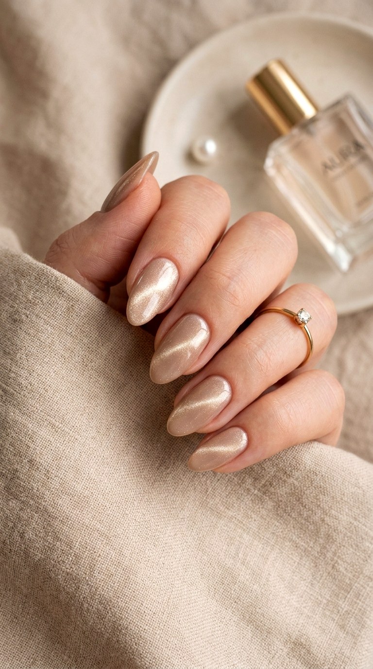 Nude and Champagne Shimmer - 26 Summer Dual-Tone Magnetic Cat Eye Nails Ideas