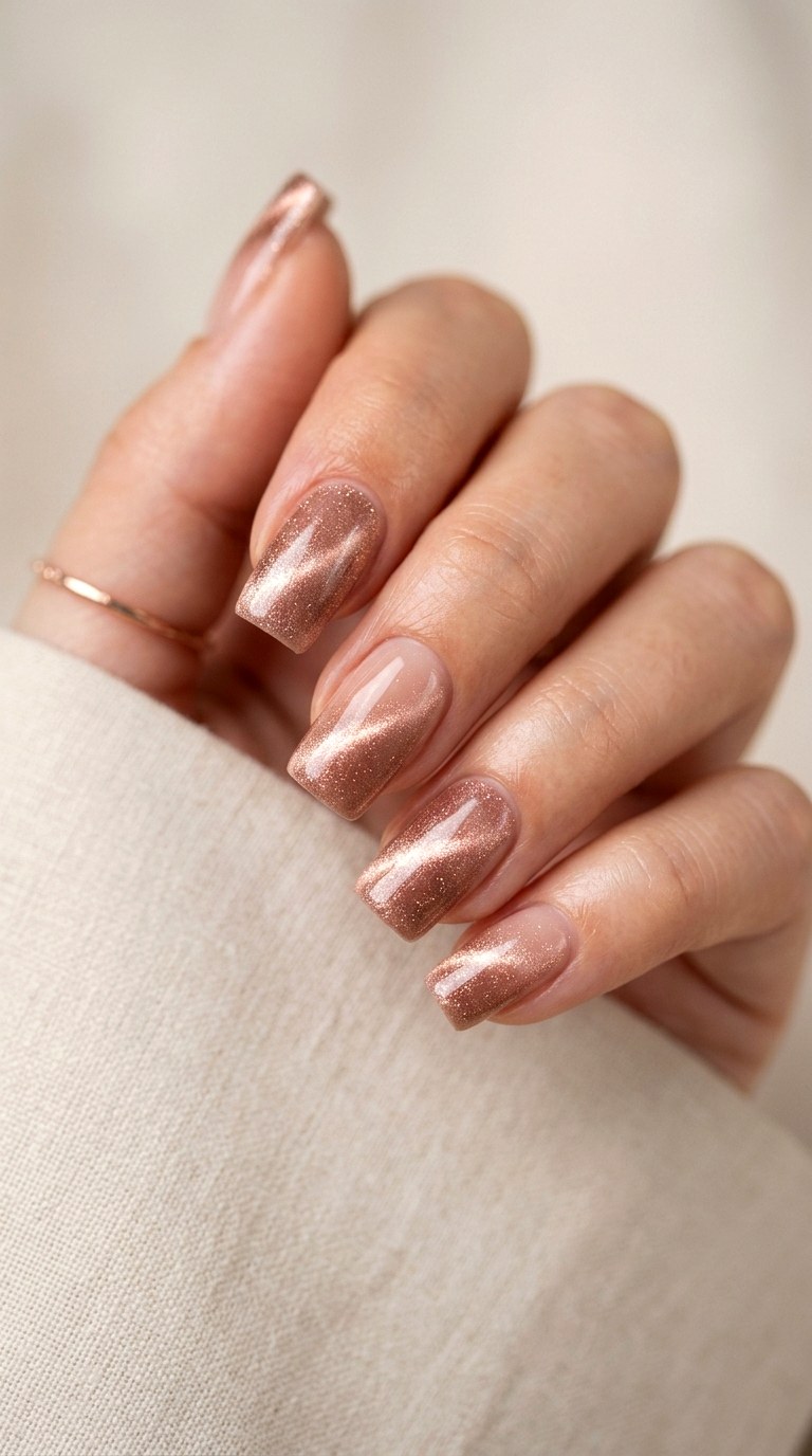 Nude and Rose Gold Cat Eye - 20 Spring Dual-Tone Magnetic Cat Eye Nails Ideas