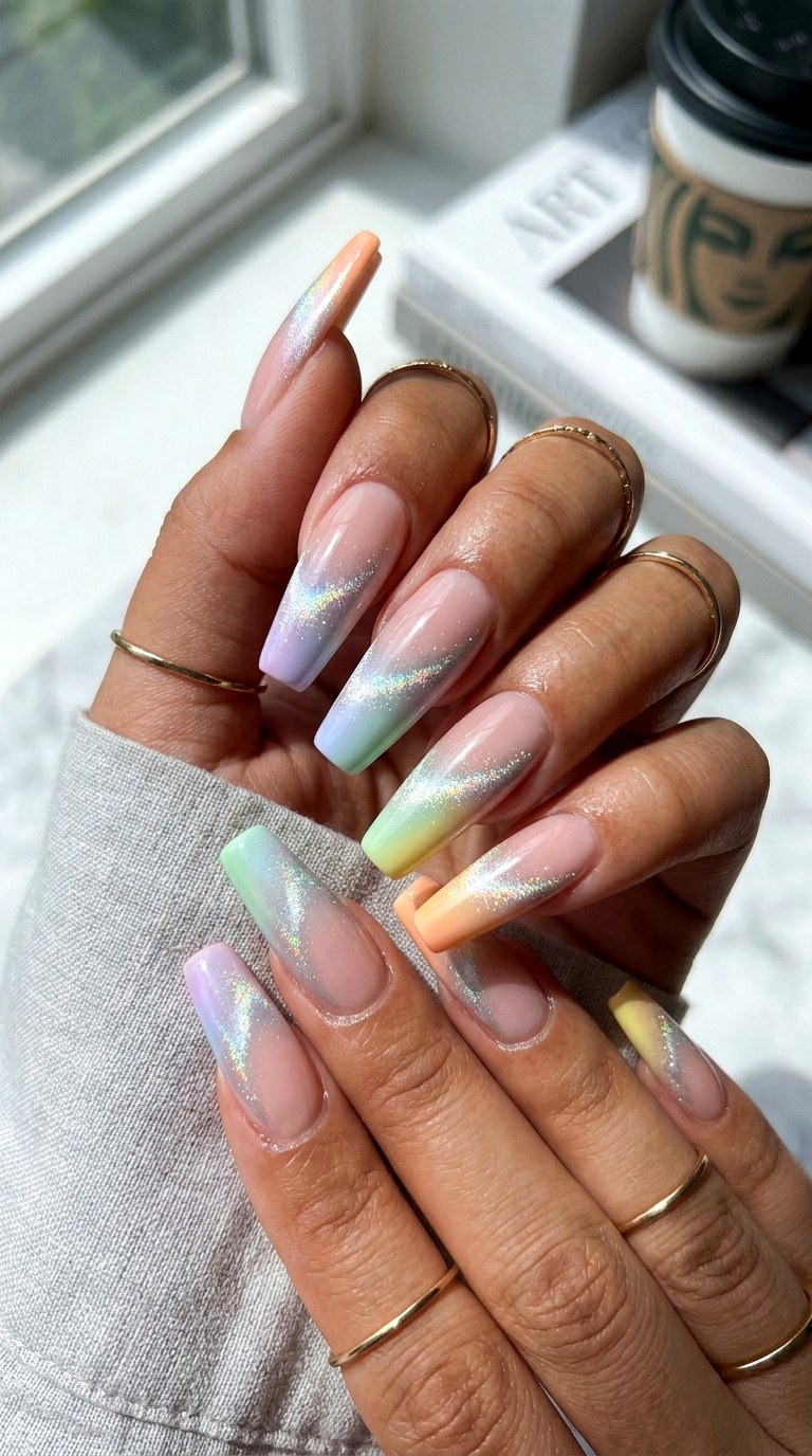 Nude to Pastel Rainbow Cat Eye Ombre Nails - 24 Summer Ombre Pastel Cat Eye Nails Ideas