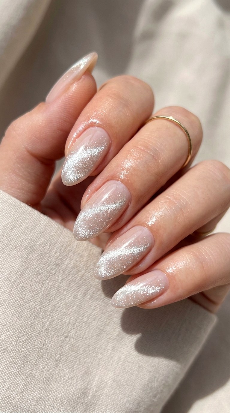 Nude with Crystal Cat Eye Sparkle - 24 Summer Nude Base Cat Eye Nails Ideas