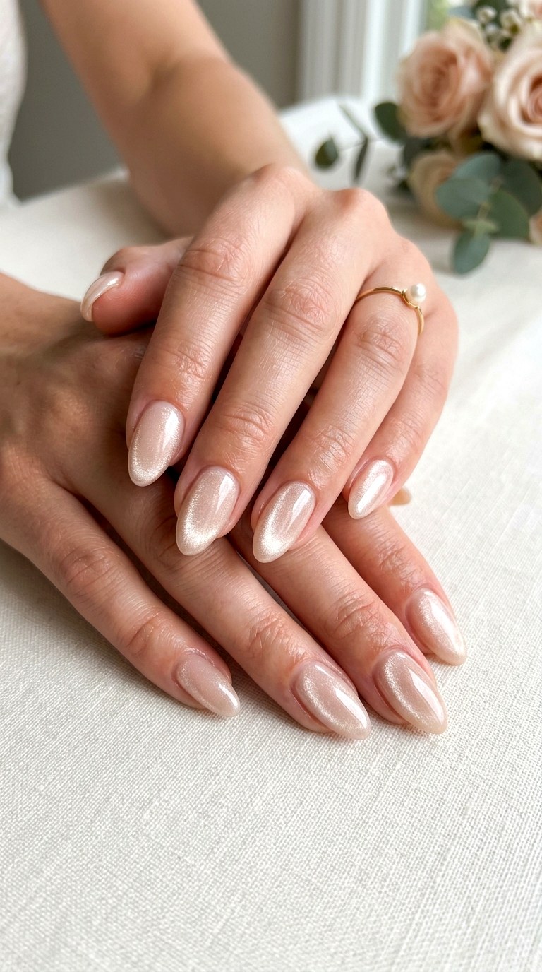 Nude with Pearl Cat Eye Finish - 24 Summer Nude Base Cat Eye Nails Ideas