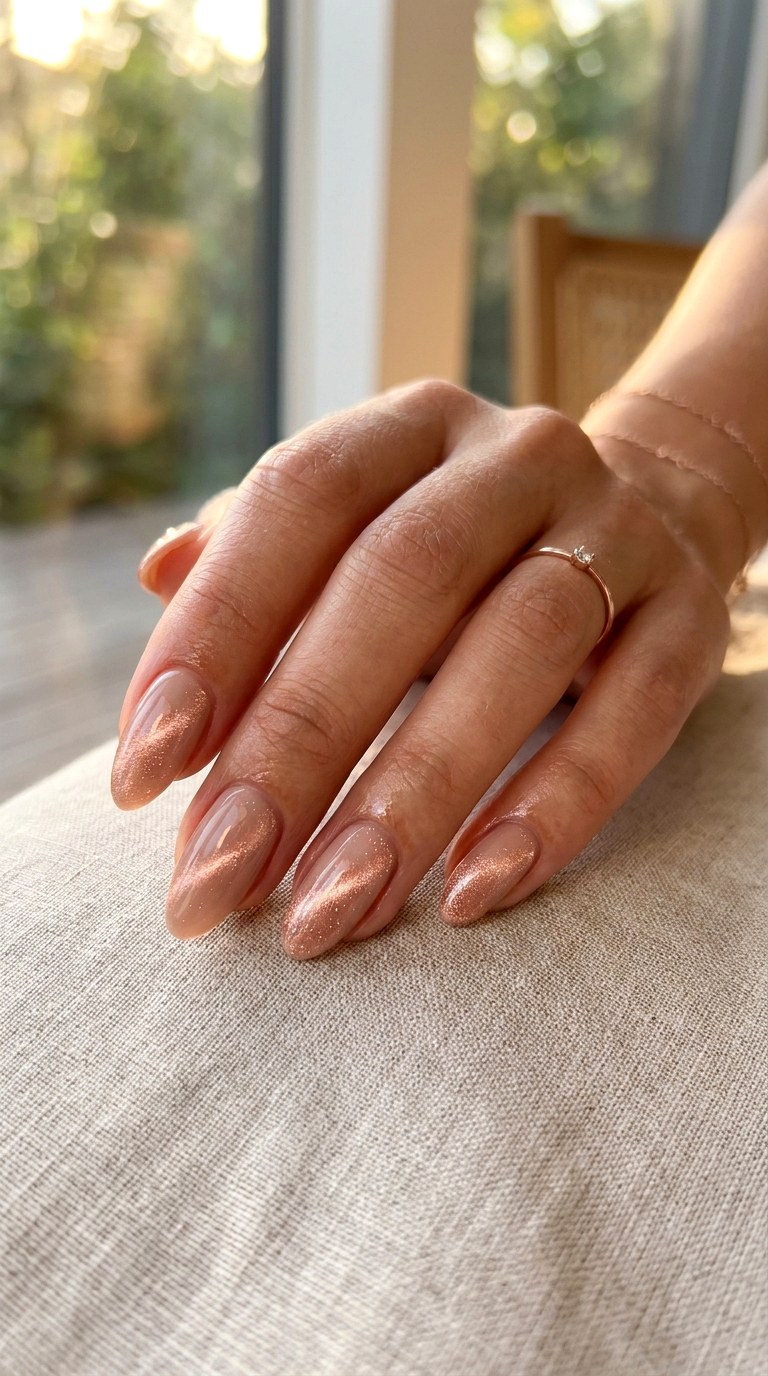 Nude with Rose Gold Cat Eye Accents - 24 Summer Nude Base Cat Eye Nails Ideas