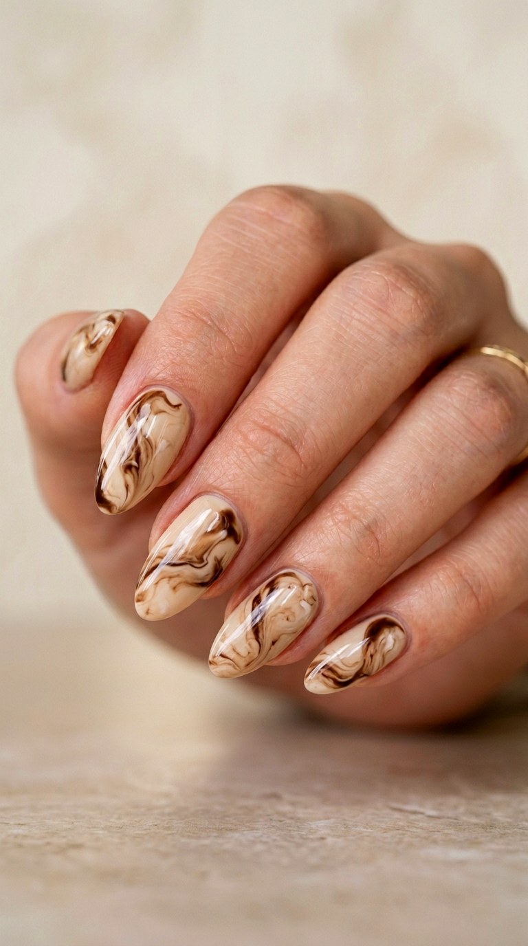 Oat Milk Beige and Espresso Brown Swirls - 28 Stylish Spring Two Colored Nails