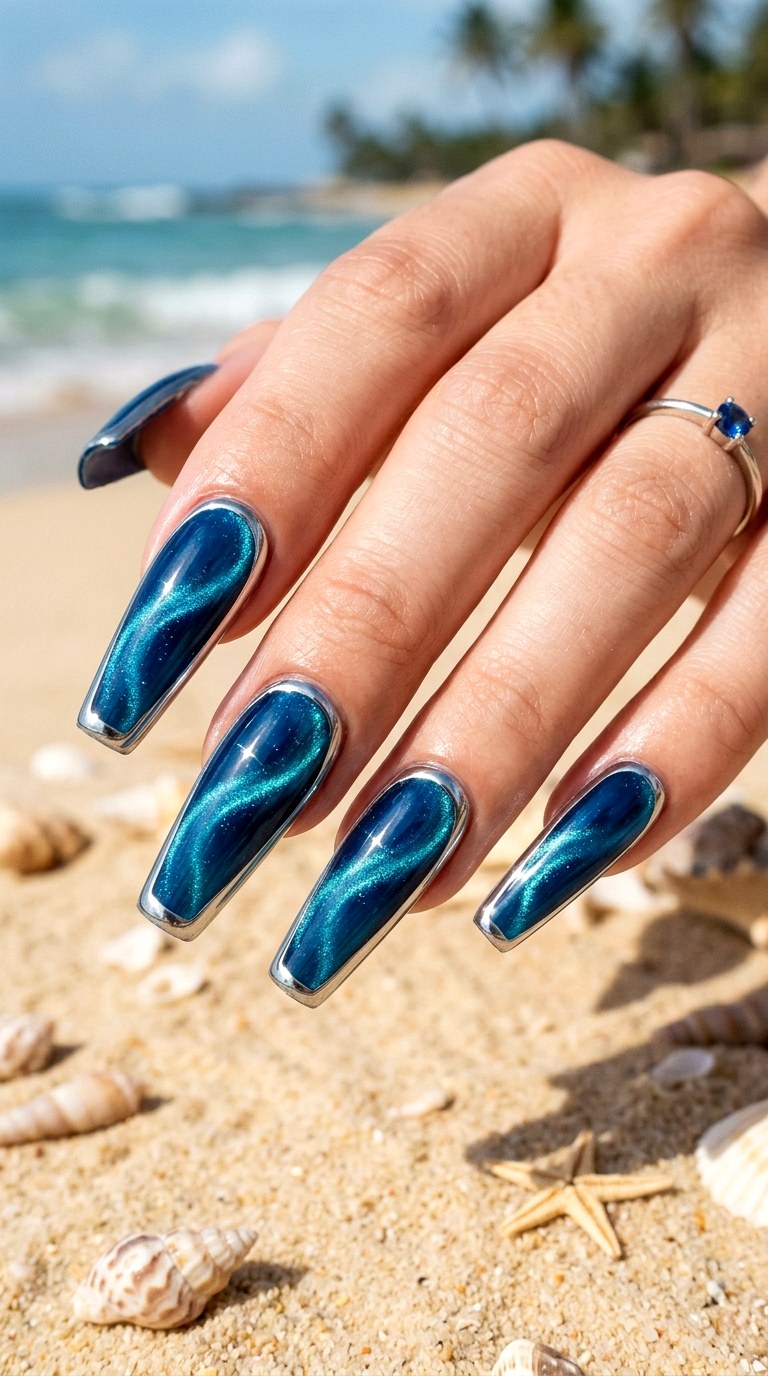 Ocean Blue Cat Eye with Chrome Border - 22 Summer Chrome Outline Cat Eye Nails Ideas